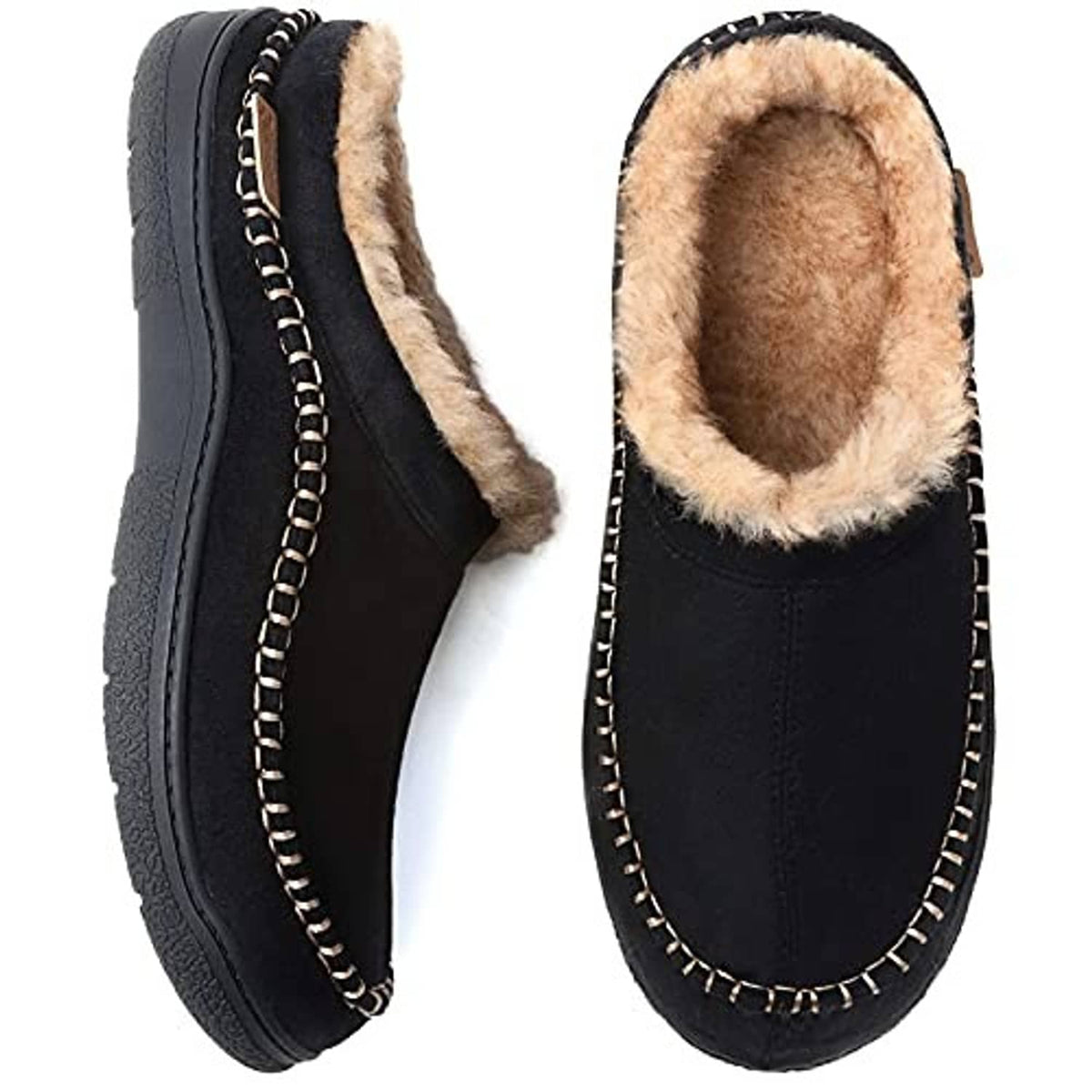 Pair of black fuzzy moccasin slippers with plush lining and chain-stitched trim