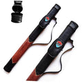 Hard pool cue case with black textured leather exterior and carry strap