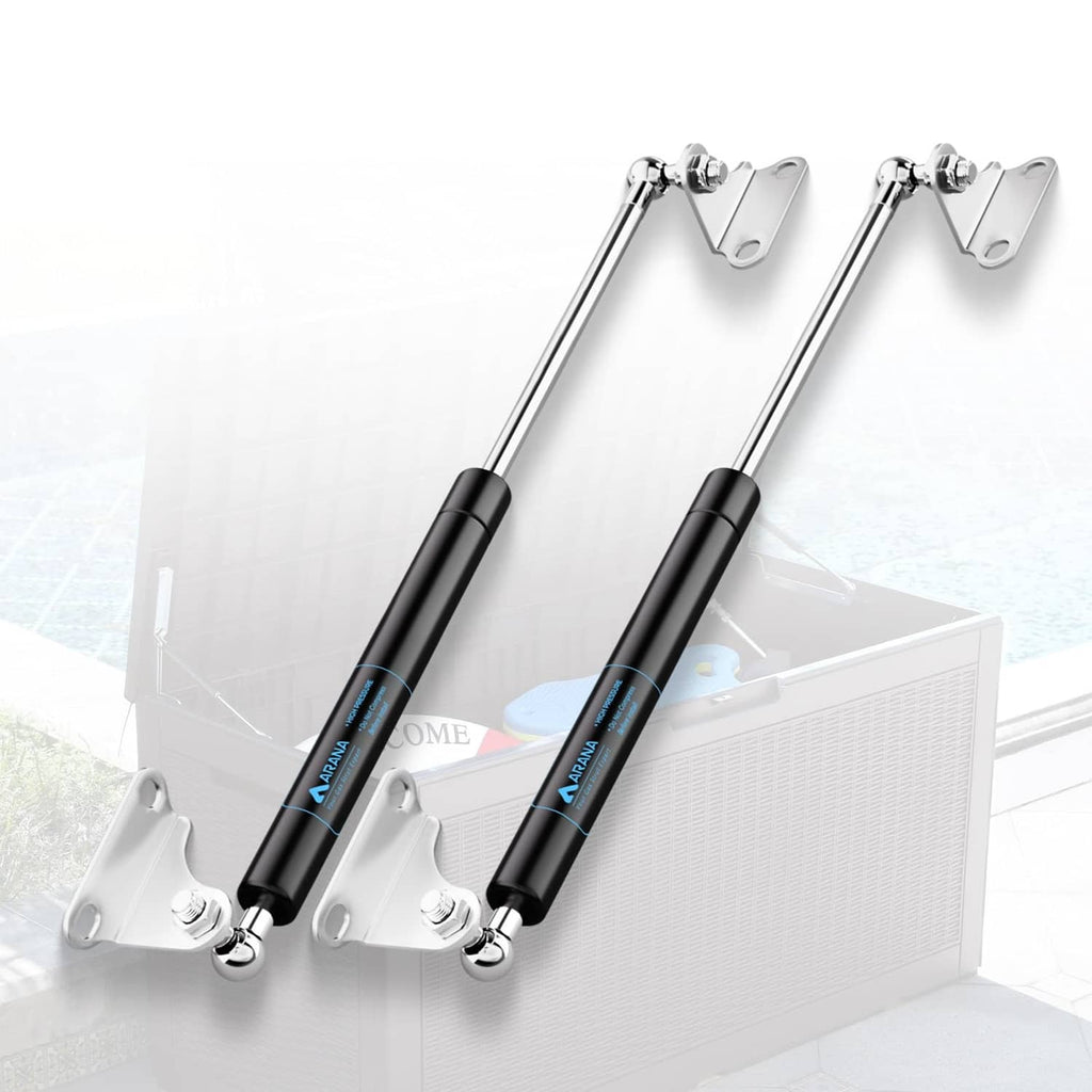 Pair of black gas spring lift struts with chrome rods and mounting brackets