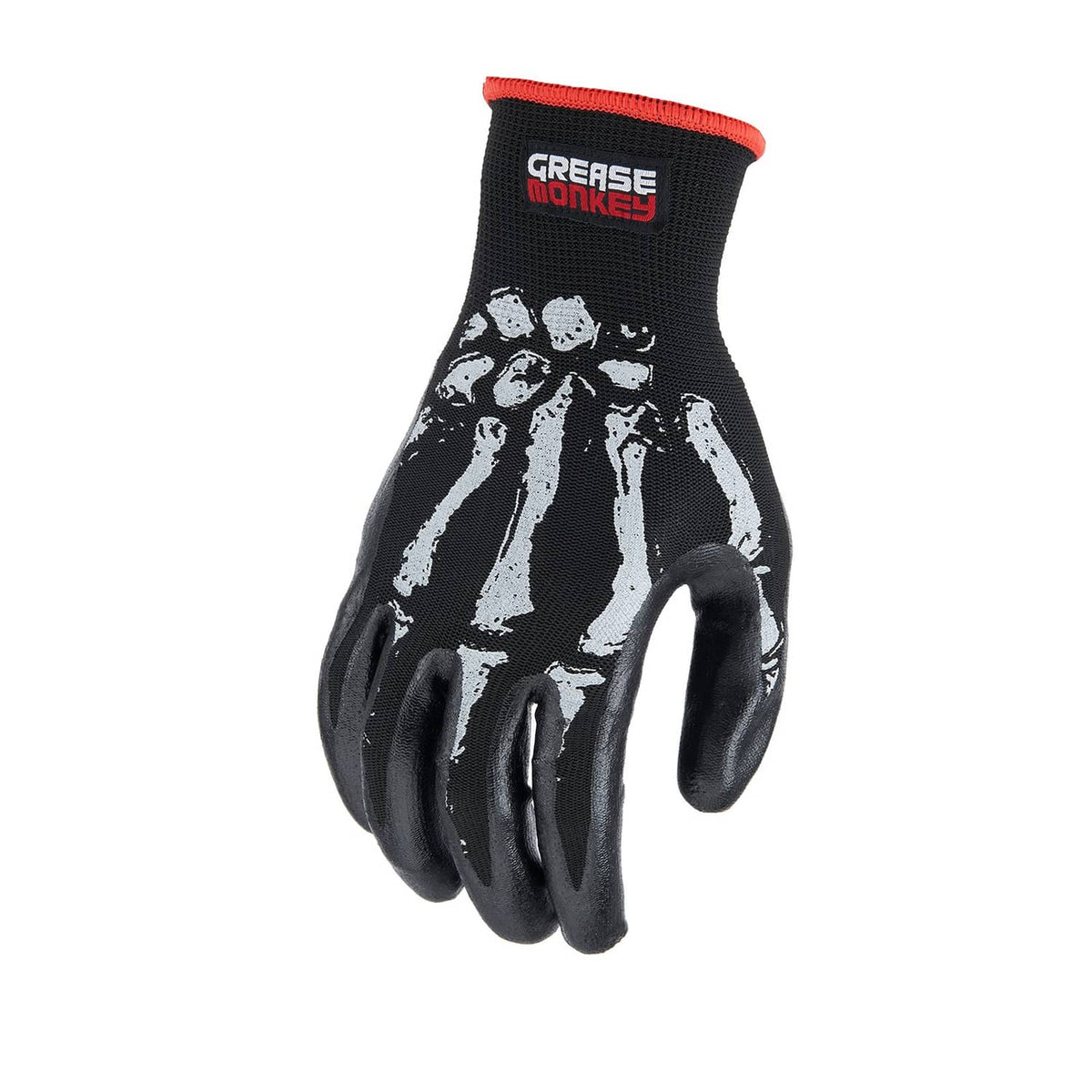 Mechanic glove pair, black with white bone print, red knit cuff, textured fingertips
