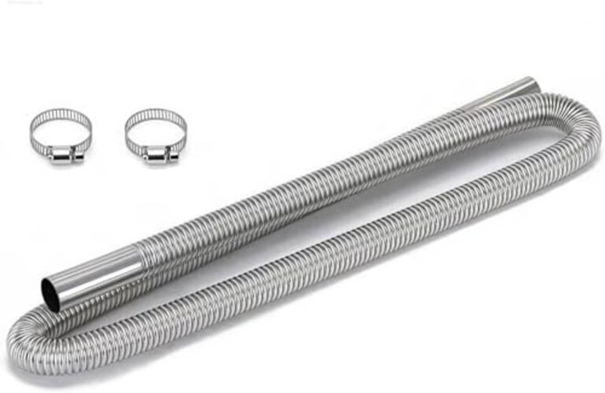 Flexible exhaust pipe with long corrugated stainless steel coil and two clamp rings