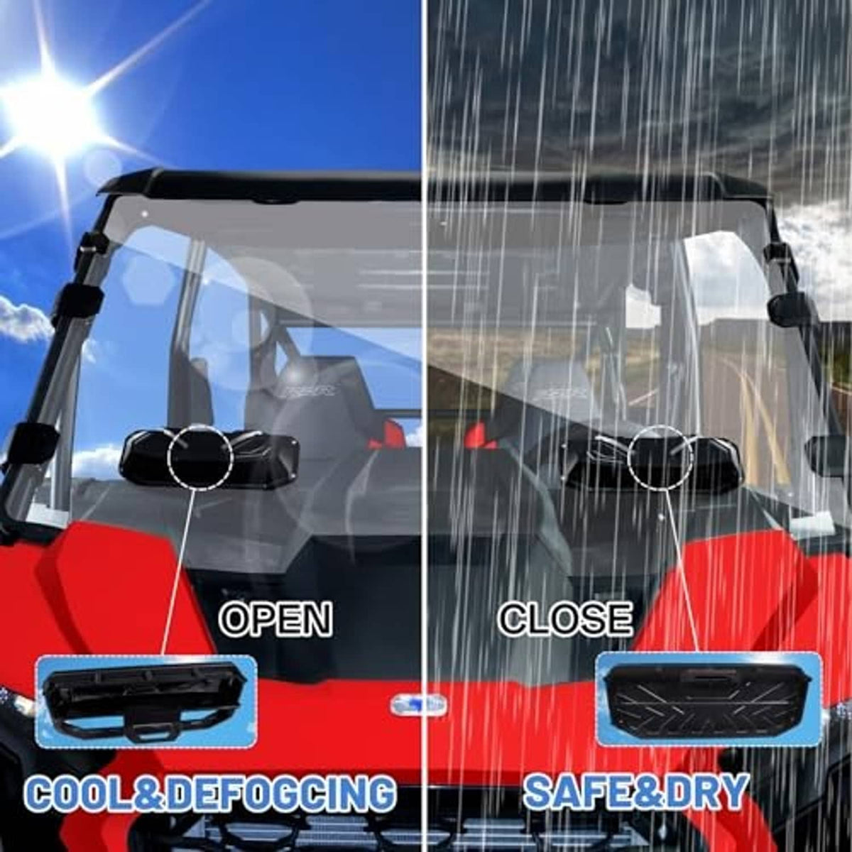 UTV windshield with black side hinges and frame, shown in open and close position.