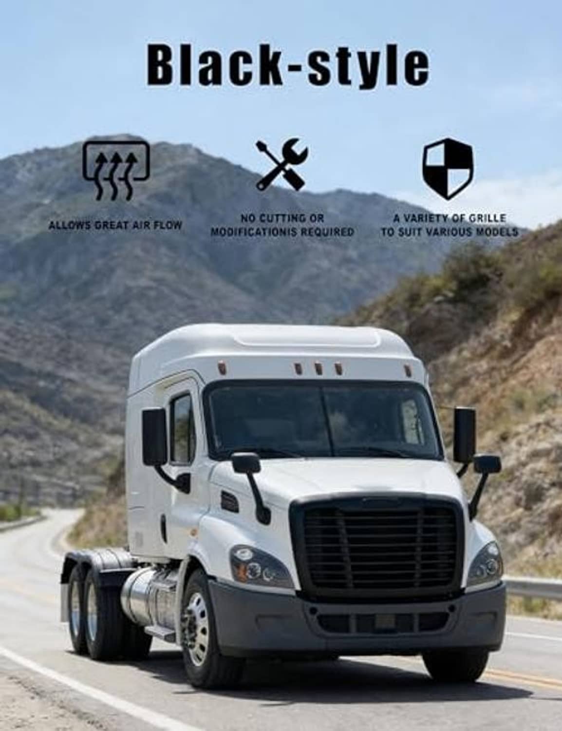 Black-style truck front grille with horizontal bars and mesh openings