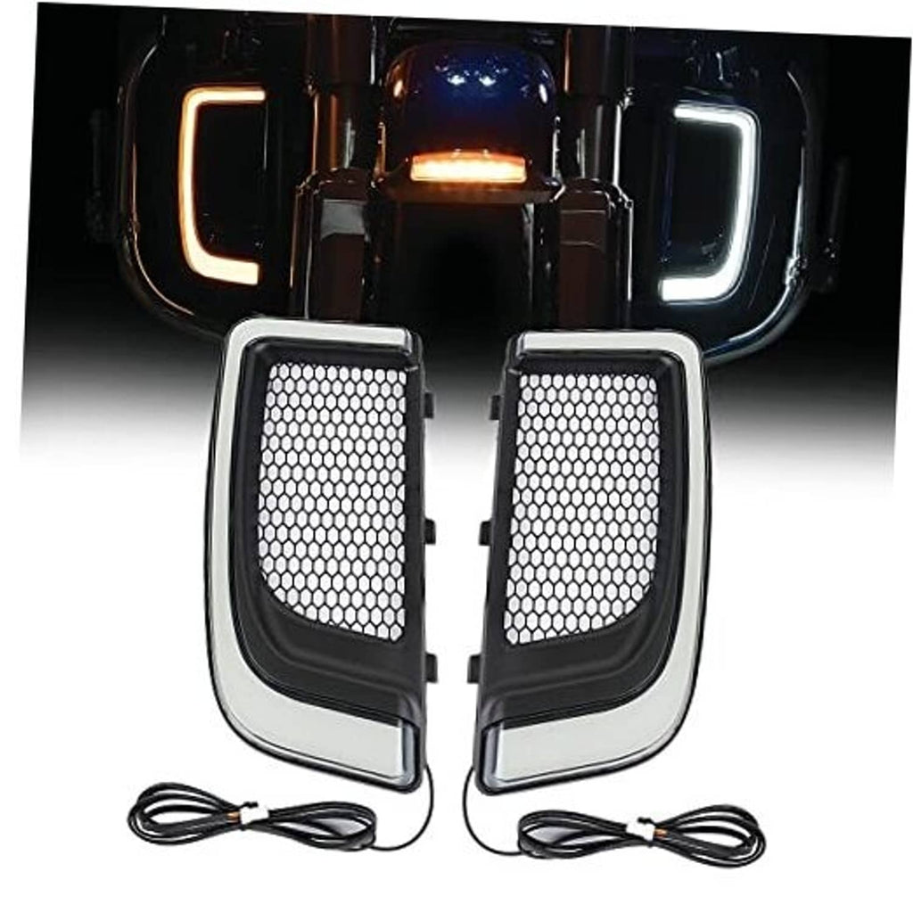 Motorcycle vent light pair with chrome trim and mesh lenses, includes black wiring leads