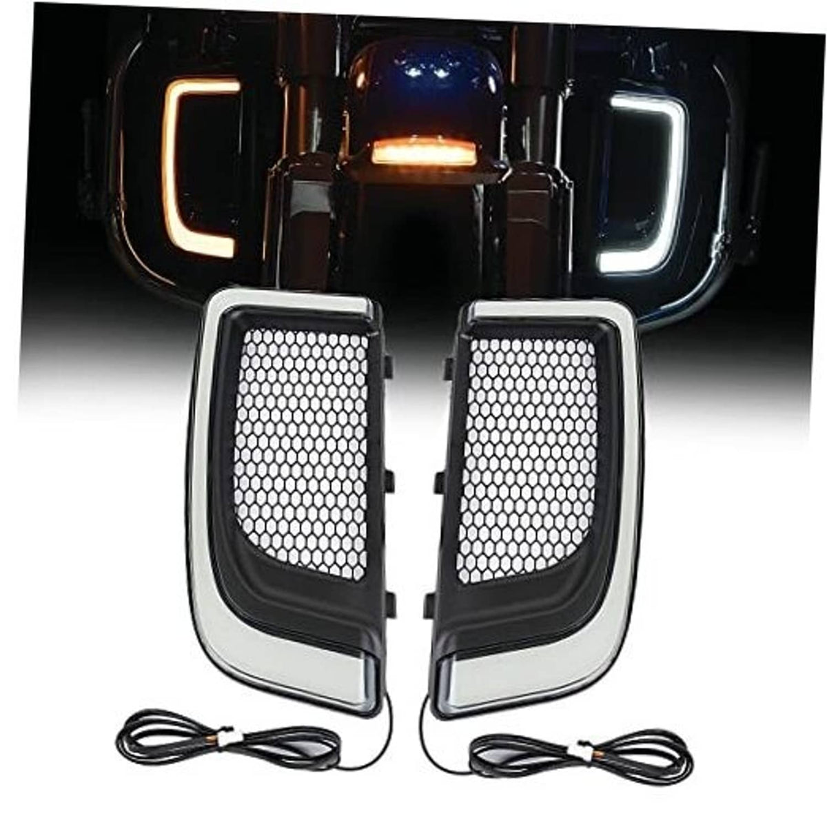 Motorcycle vent light pair with chrome trim and mesh lenses, includes black wiring leads