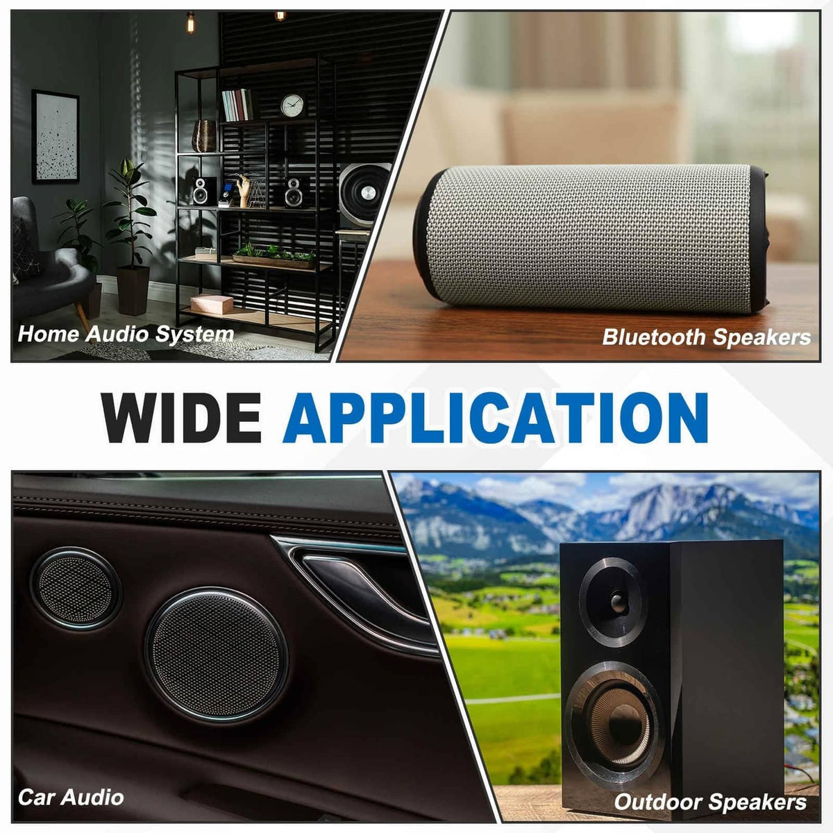 Speaker systems collage for surround ring installation: home, car, and outdoor