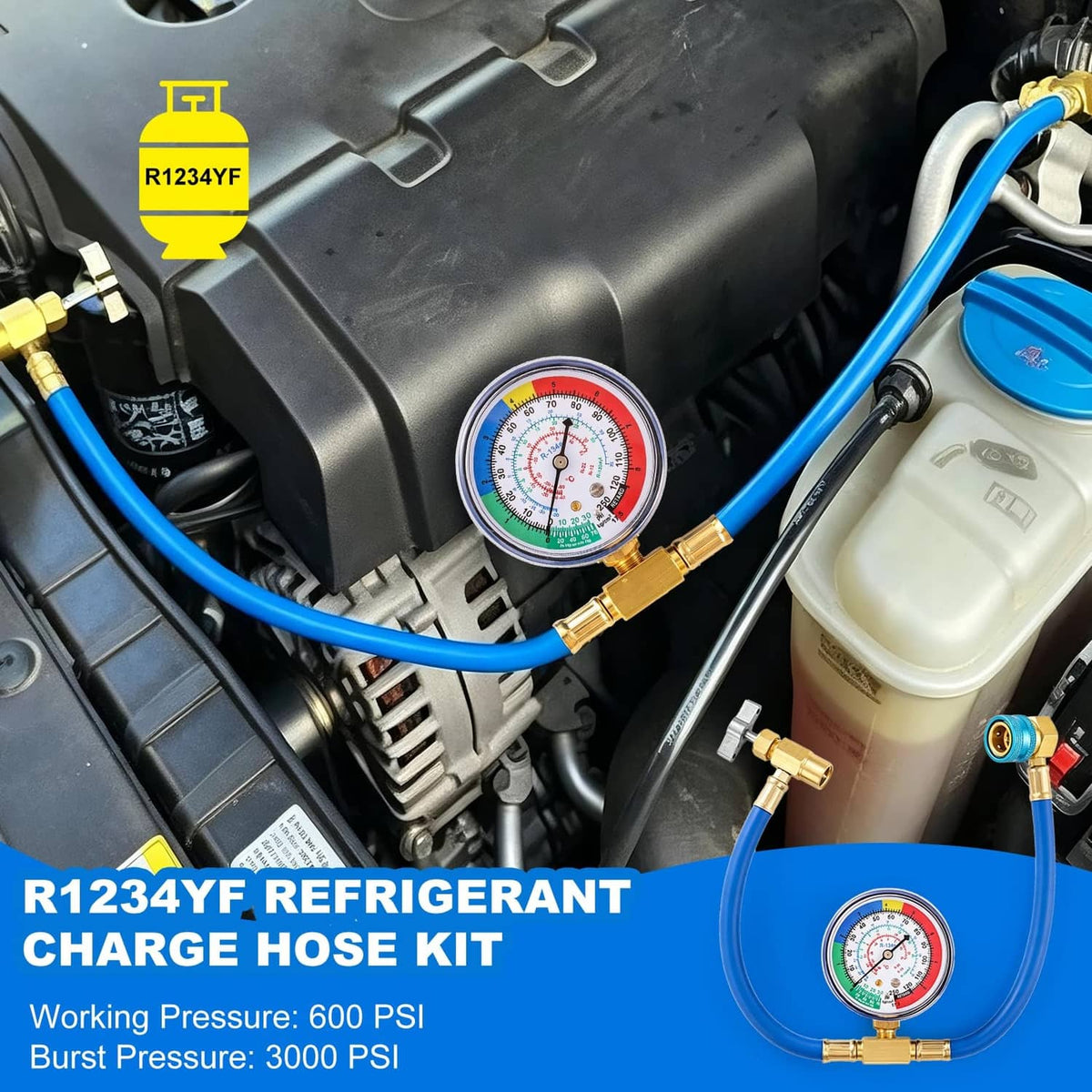 AC refrigerant charging hose with pressure gauge and brass quick couplers connected in engine bay