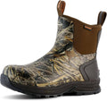 Camouflage rubber rain boot with brown elastic collar and dark tread sole