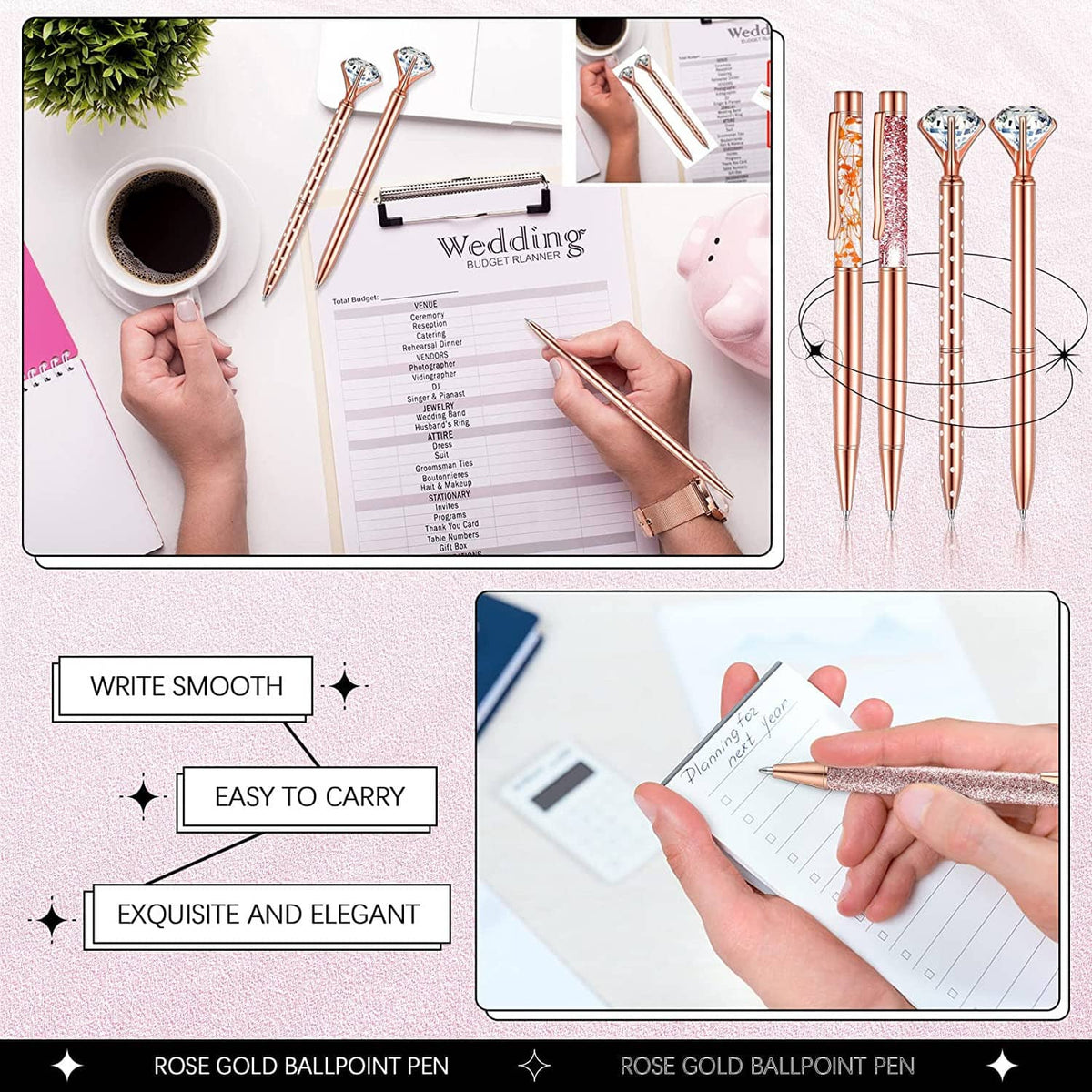 Rose gold ballpoint pen set of 8 with smooth-writing tips and decorative barrels