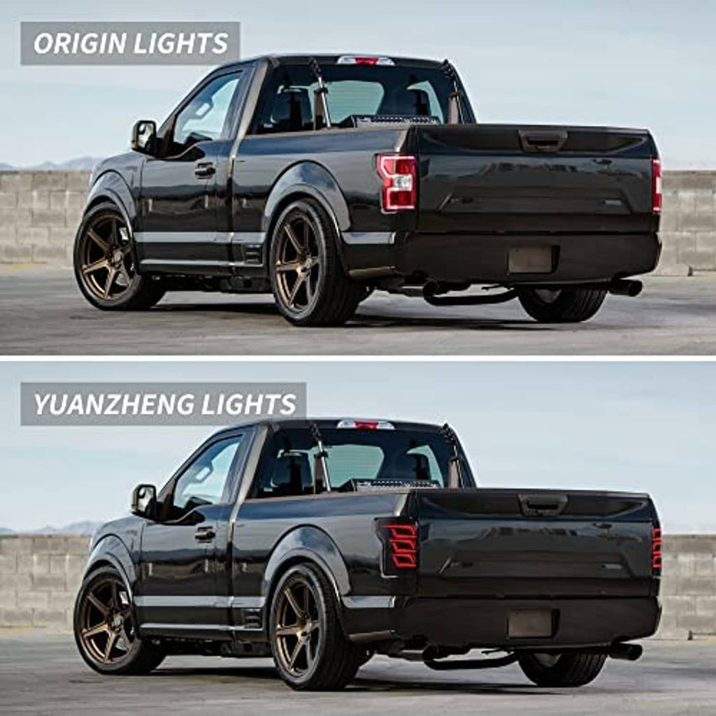 Rear view of black pickup truck with smoked LED tail lights illuminated in red