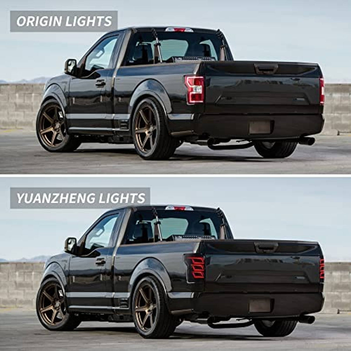 Rear view of black pickup truck with smoked LED tail lights illuminated in red