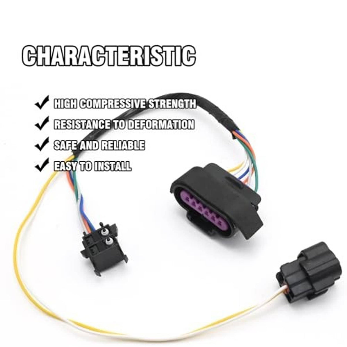 Door handle connector harness with black housing and purple multi-pin connector