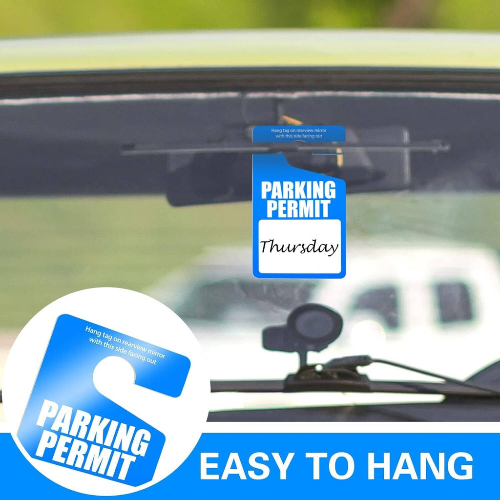 Blue parking permit hang tag on windshield with blank label and “Thursday” field