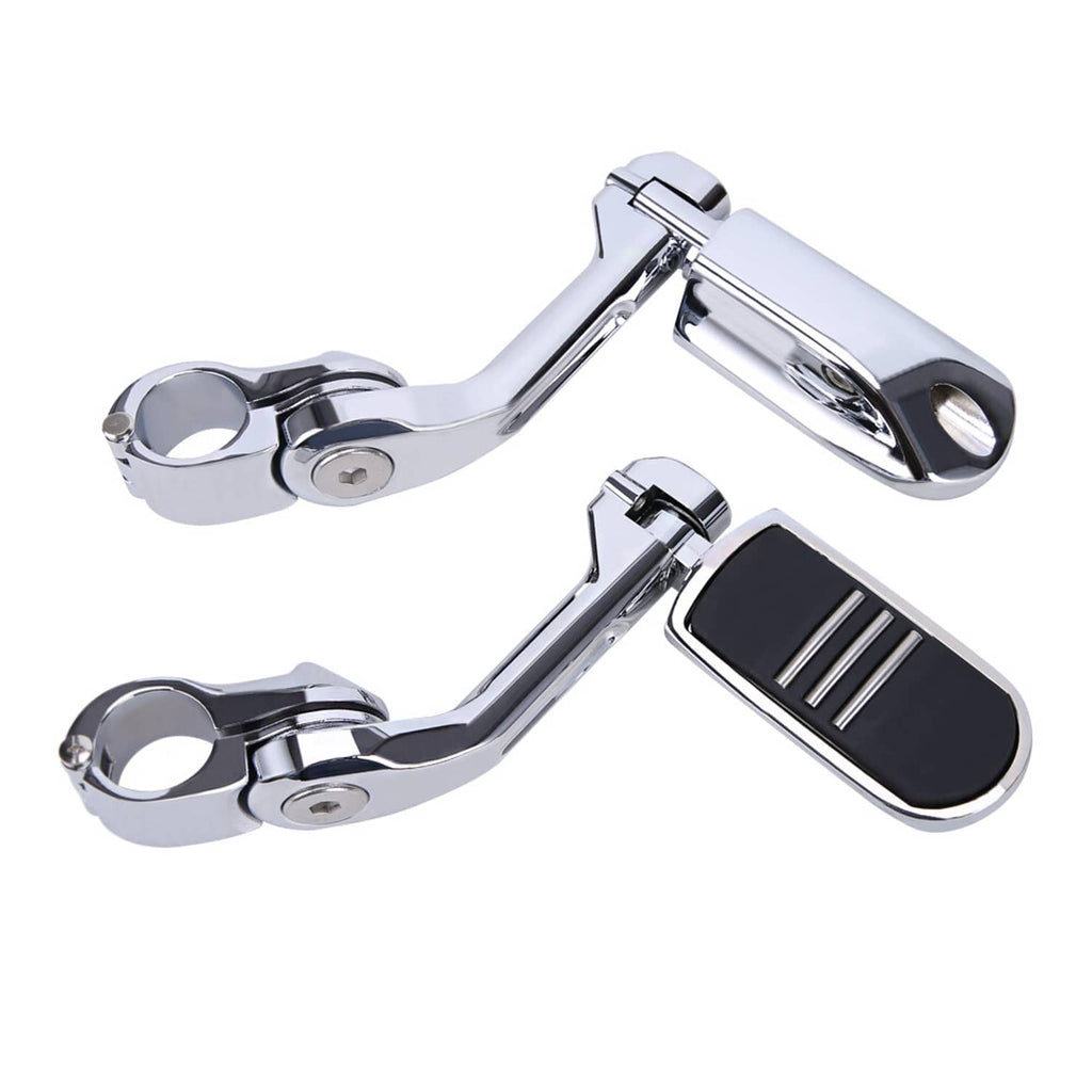 Motorcycle highway foot pegs with chrome bar mounts and black rubber inserts