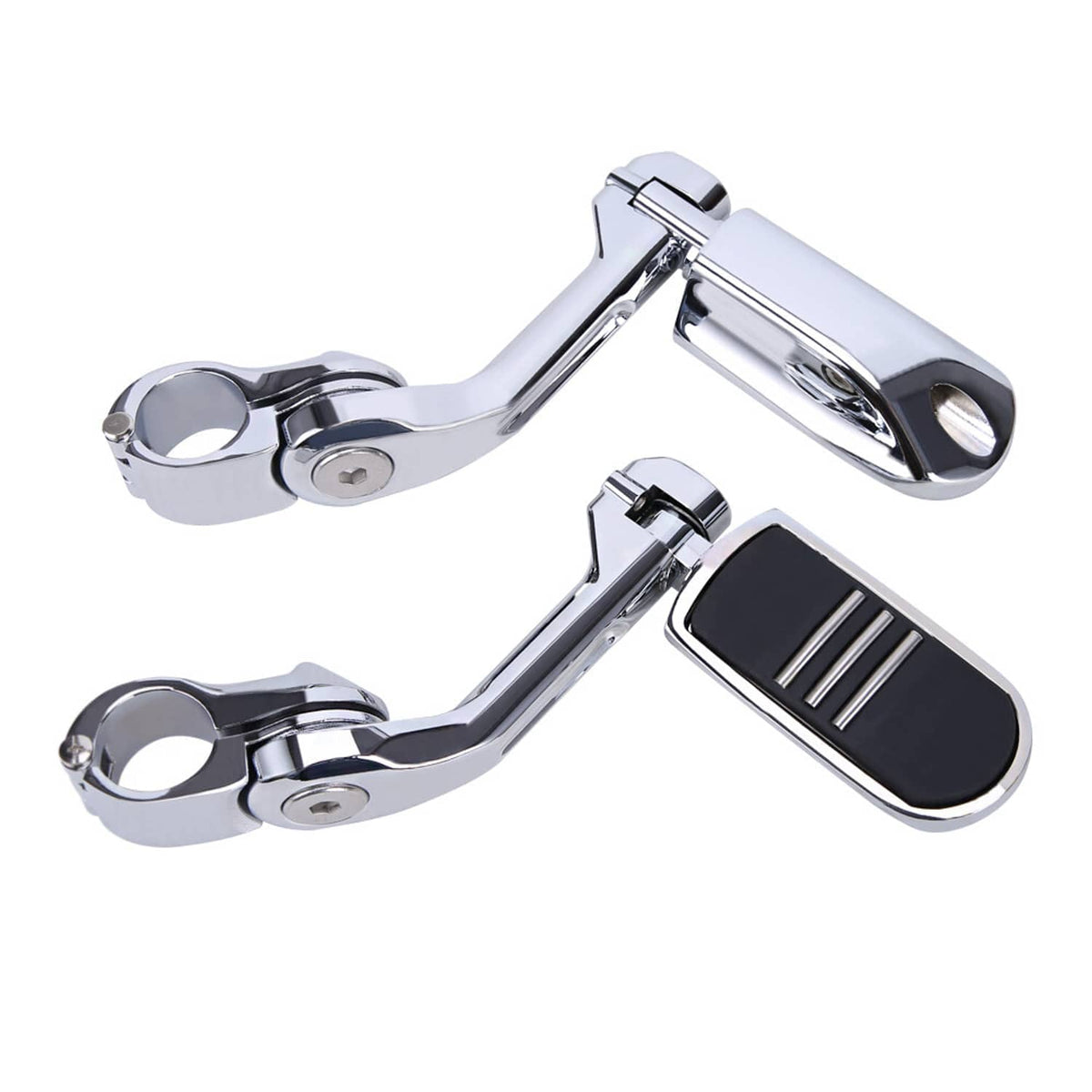 Motorcycle highway foot pegs with chrome bar mounts and black rubber inserts