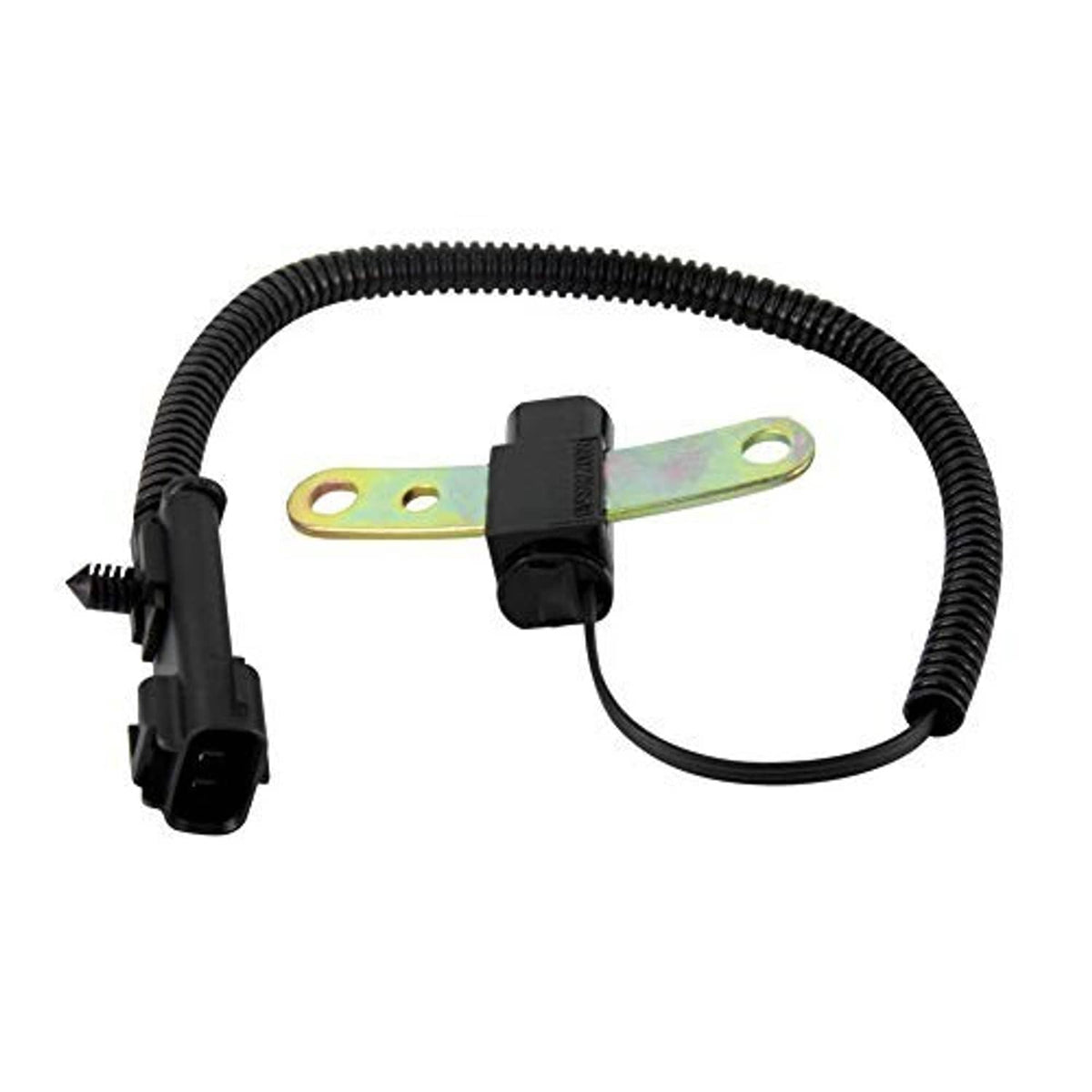 Crankshaft position sensor wiring harness with black connector and yellow-green mounting brackets