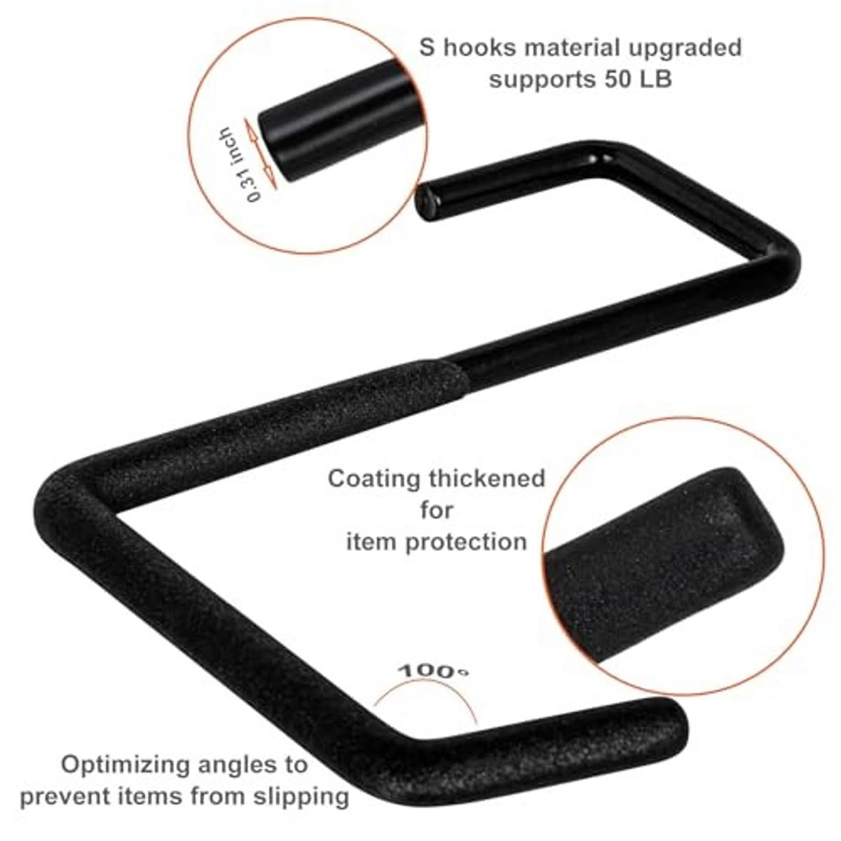 Black coated metal rafter hook with textured sleeve to protect items from slipping