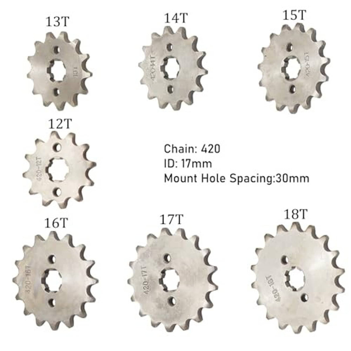 Chain 420 sprockets comparison, showing tooth counts from 12T to 18T