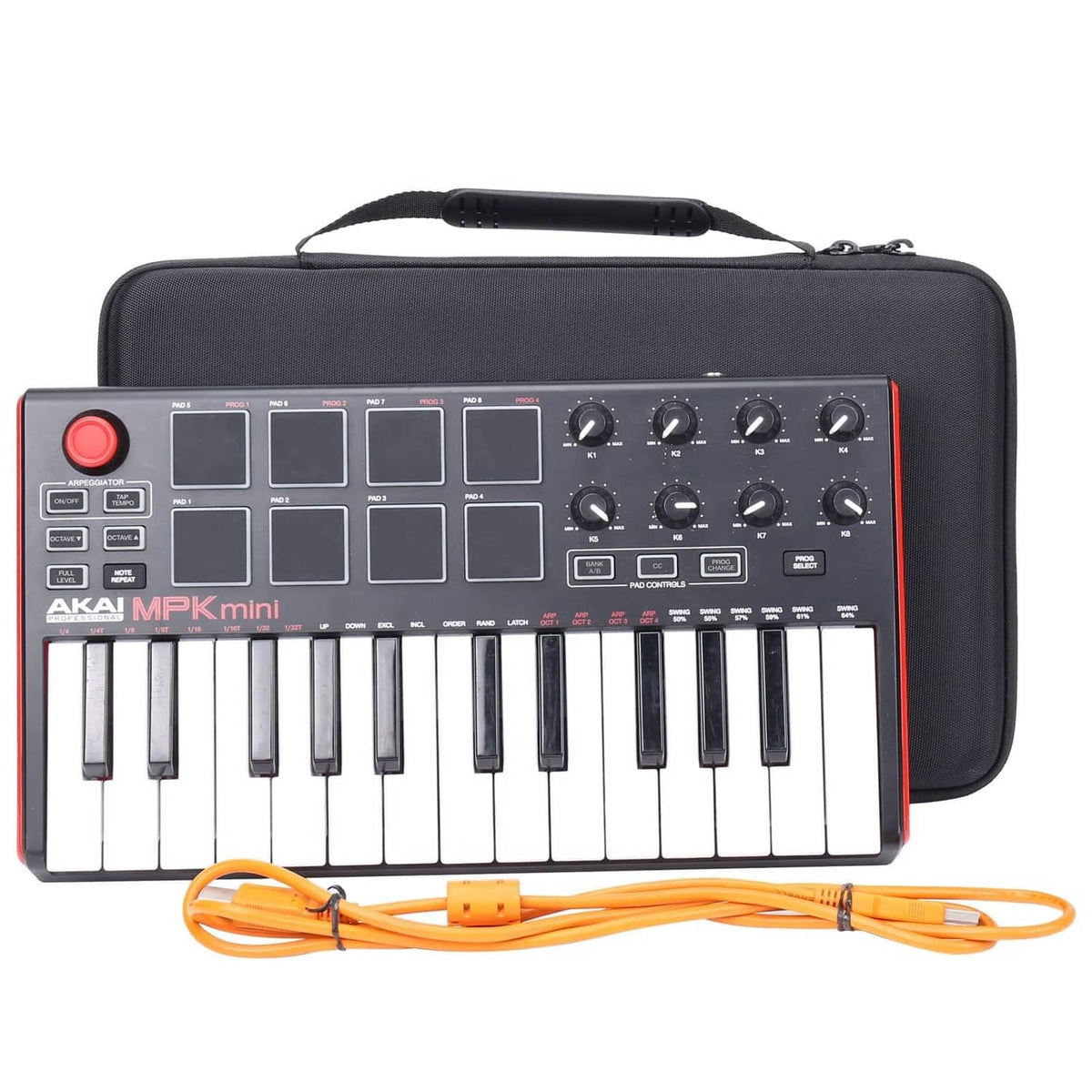 Hard keyboard case with keyboard and orange cable inside, lid open
