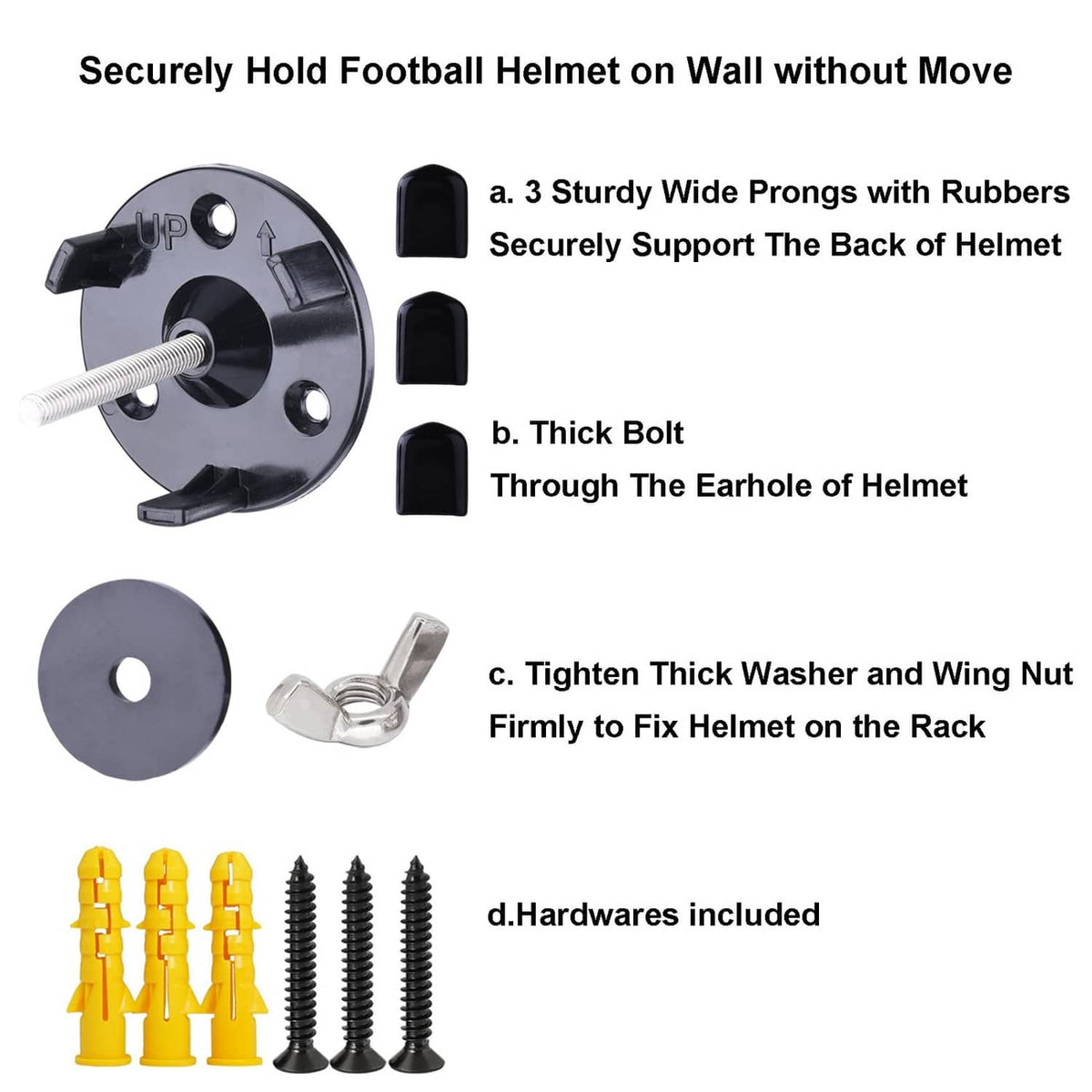 Football helmet wall mount parts diagram: black prongs, bolt, rubber pads, and hardware