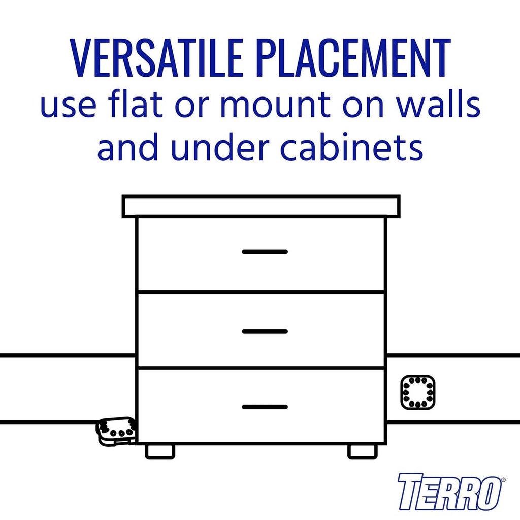 Roach bait station placement diagram showing flat use or wall mounting