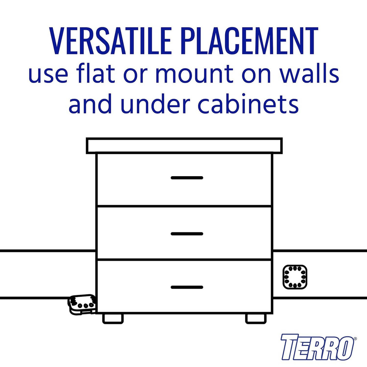 Roach bait station placement diagram showing flat use or wall mounting