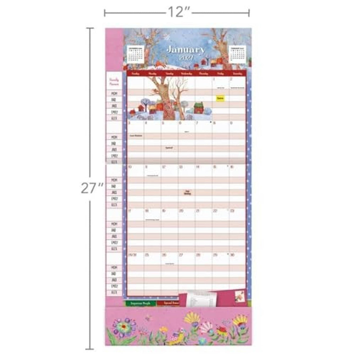 Wall calendar sheet with January 2027 layout and 12 in size measurement