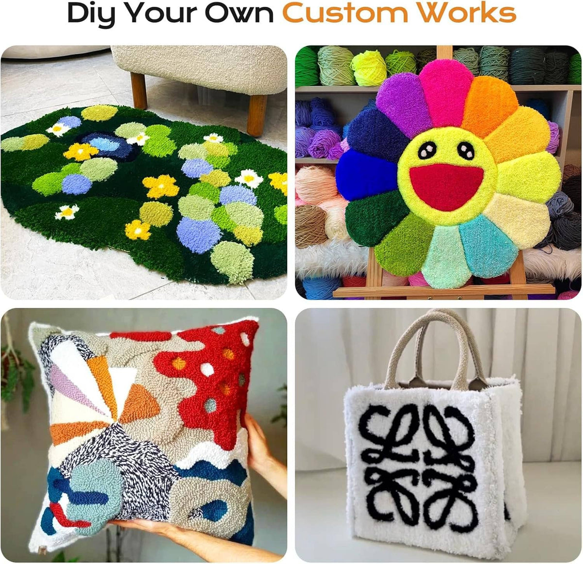 Handmade tufted rug designs with bright shapes and patterns for DIY projects