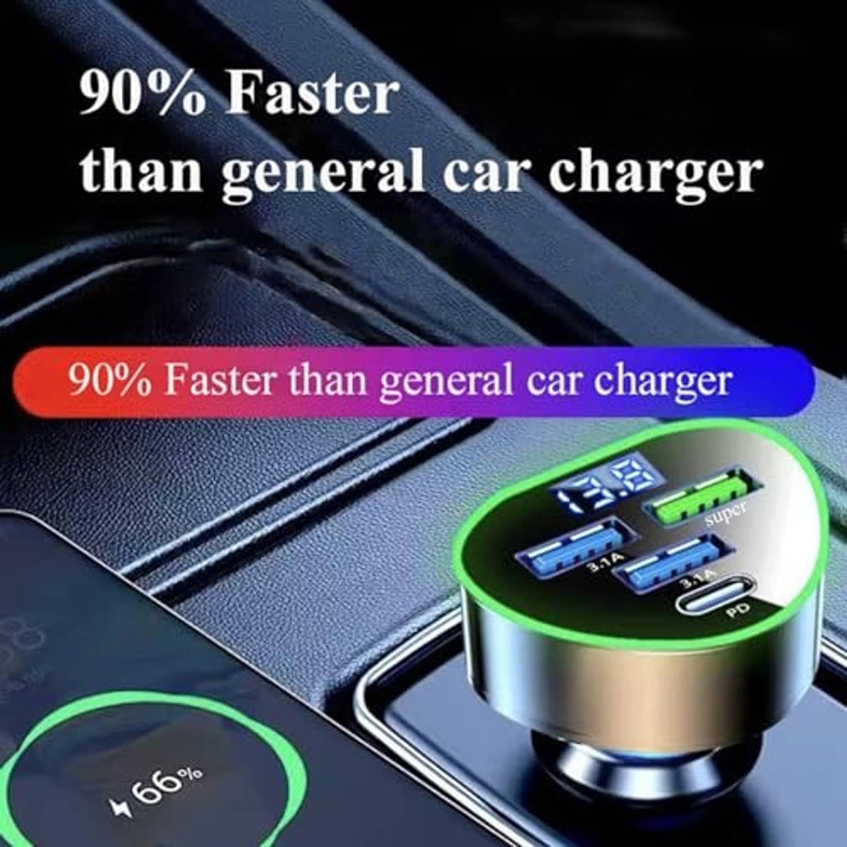 Metallic car USB C charger with green LED voltage ring and four USB charging ports