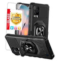 Black rugged phone case with ring grip and tempered glass screen protector