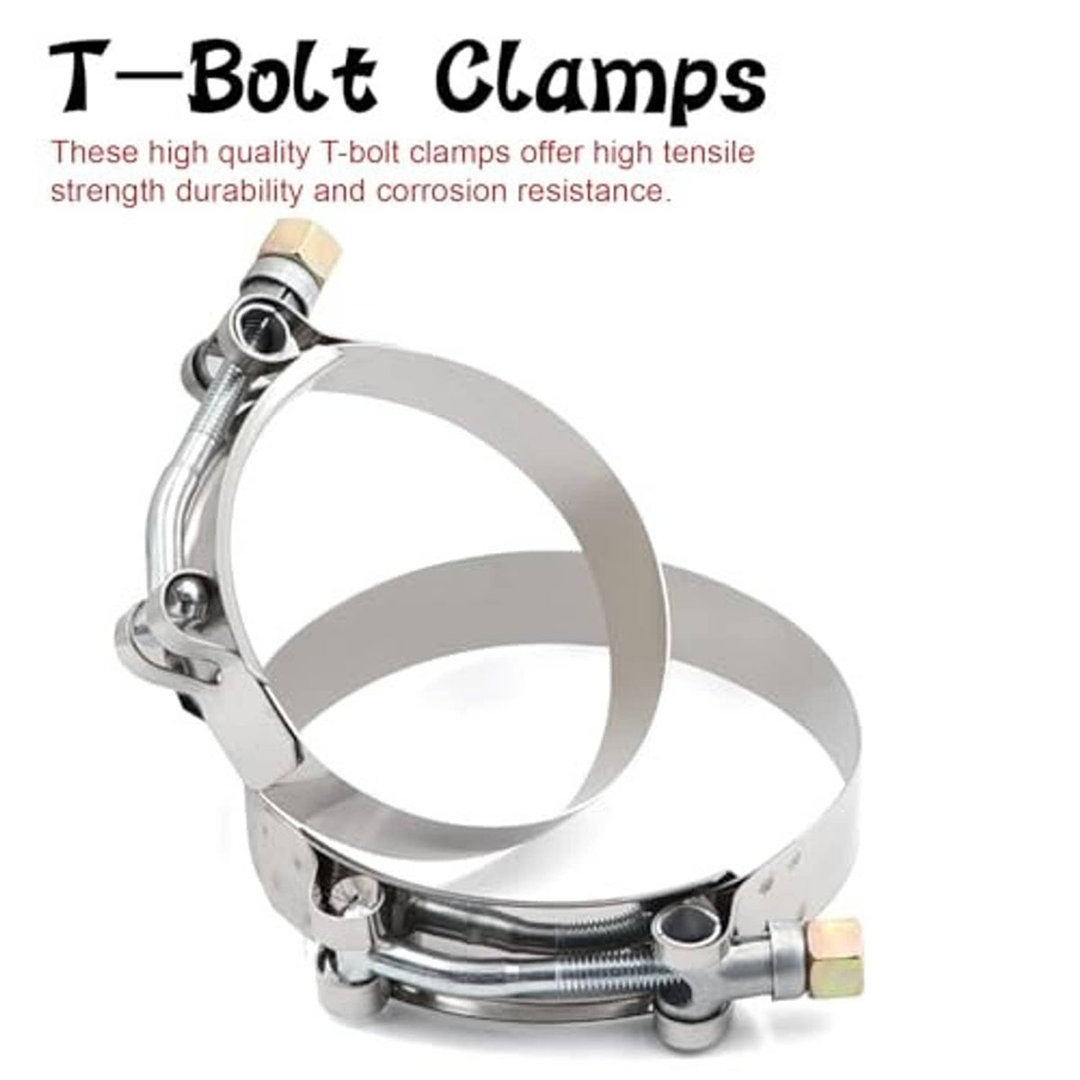 Stainless T-bolt clamp pair for silicone hose coupler, silver with brass screws