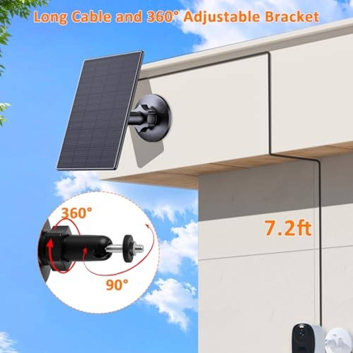 Black solar panel with 360° adjustable wall bracket for security camera charging