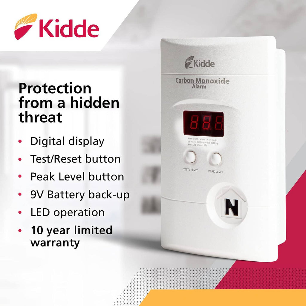Kidde white plug-in carbon monoxide alarm with red display and 9V battery backup