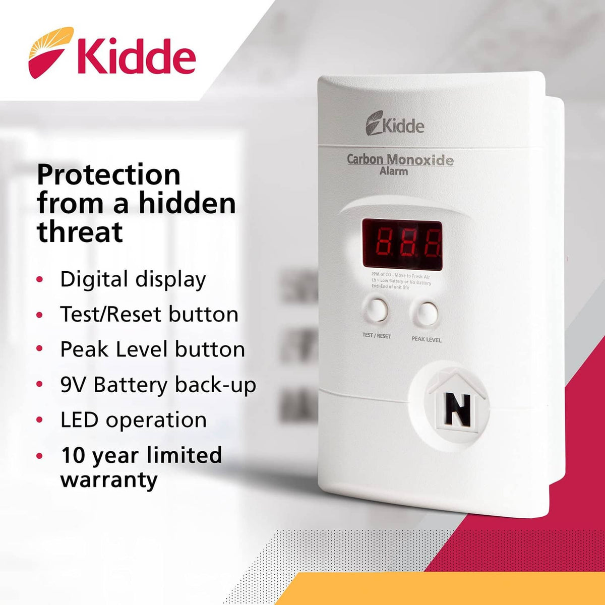 Kidde white plug-in carbon monoxide alarm with red display and 9V battery backup