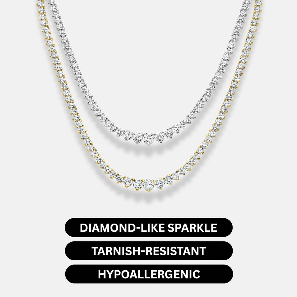 Two-layer look tennis necklace with white CZ stones on gold-tone chain
