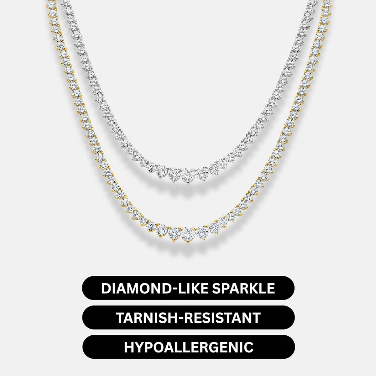 Two-layer look tennis necklace with white CZ stones on gold-tone chain