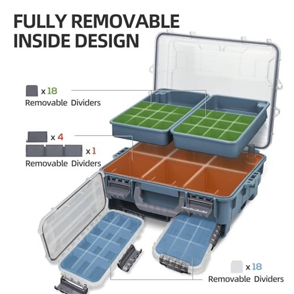 Blue fishing tackle box with removable divider trays and multiple compartment inserts