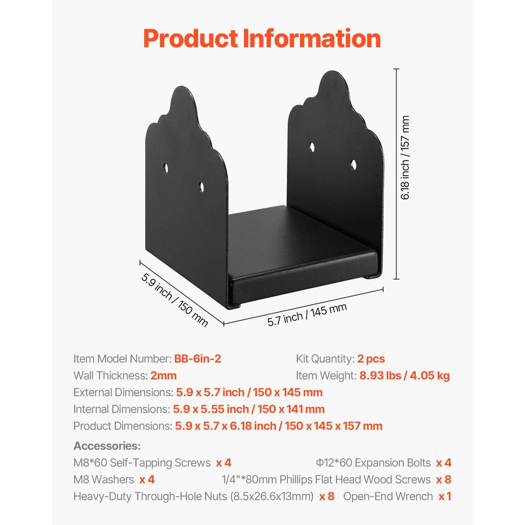 Black steel post base bracket set with dimensions, two U-shaped supports for 6x6 posts