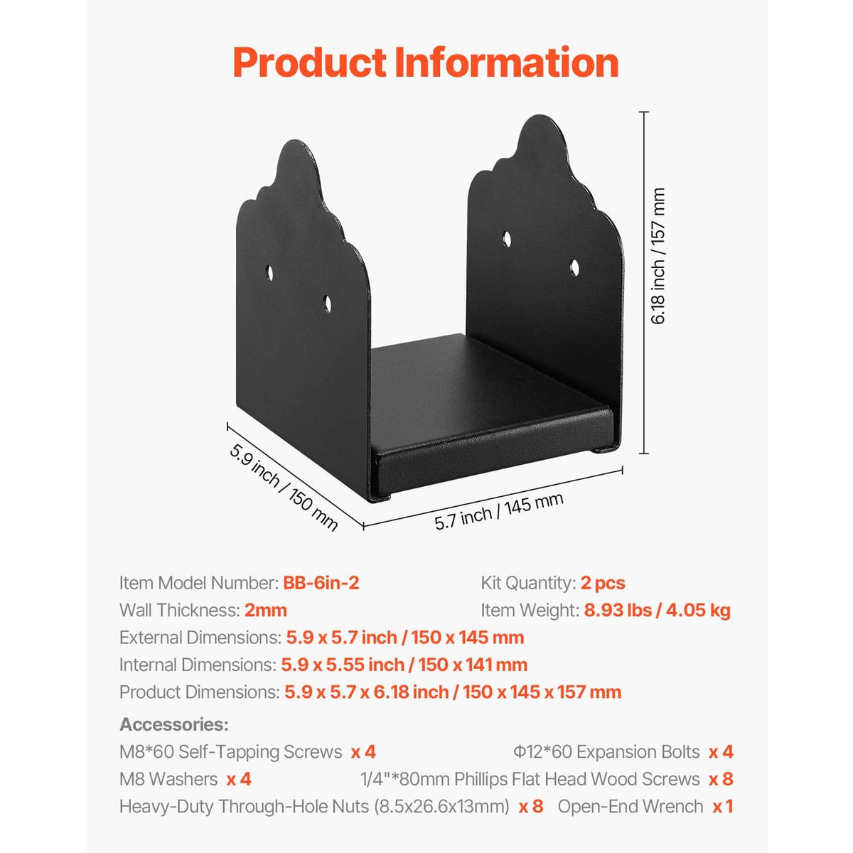 Black steel post base bracket set with dimensions, two U-shaped supports for 6x6 posts