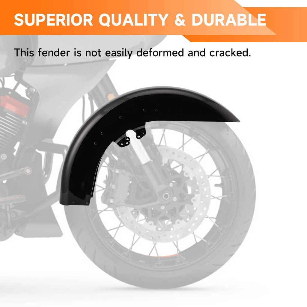 Black front motorcycle fender with curved splash guard and drilled mounting holes