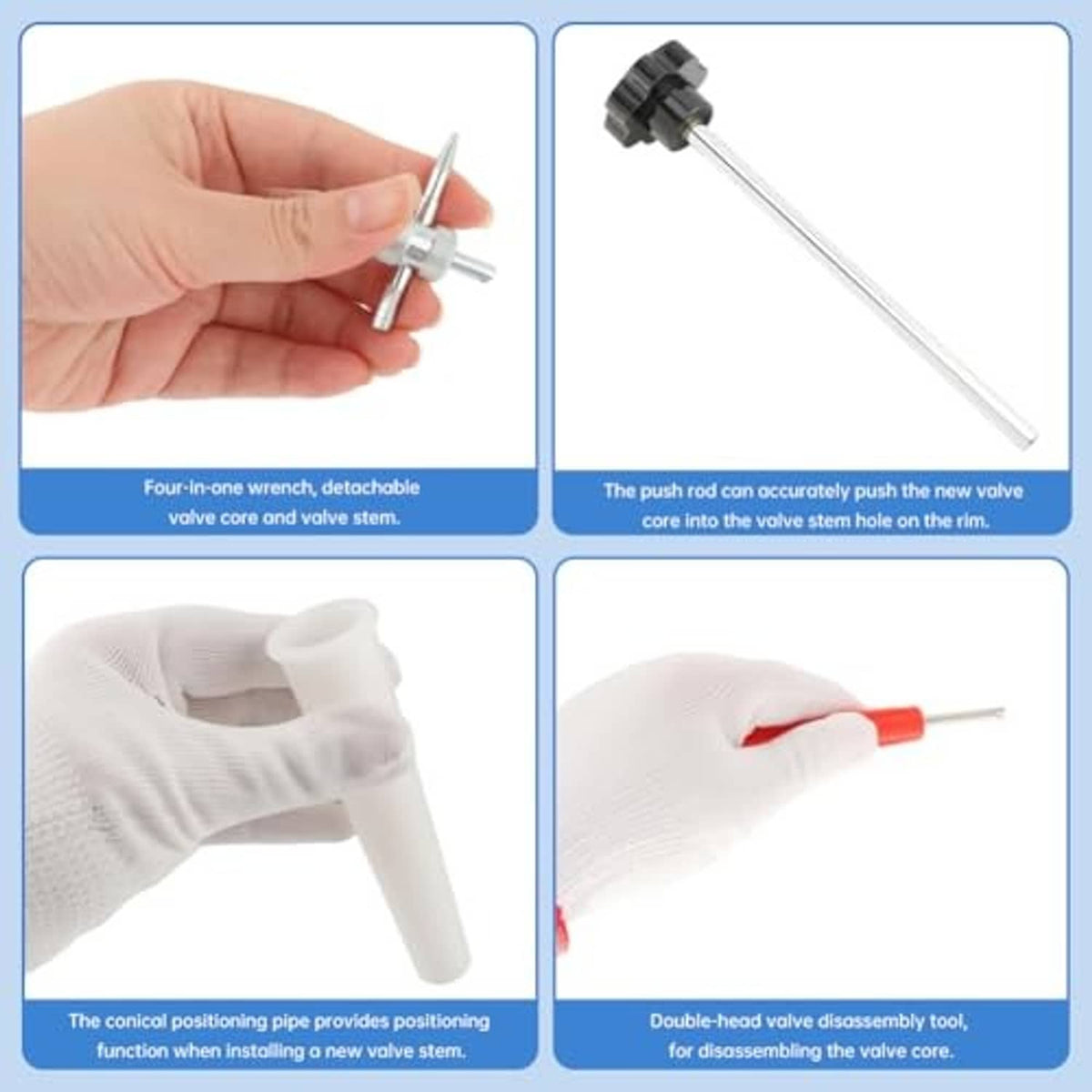 Tire valve stem tool kit with metal push rod and detachable core tools, shown with gloves