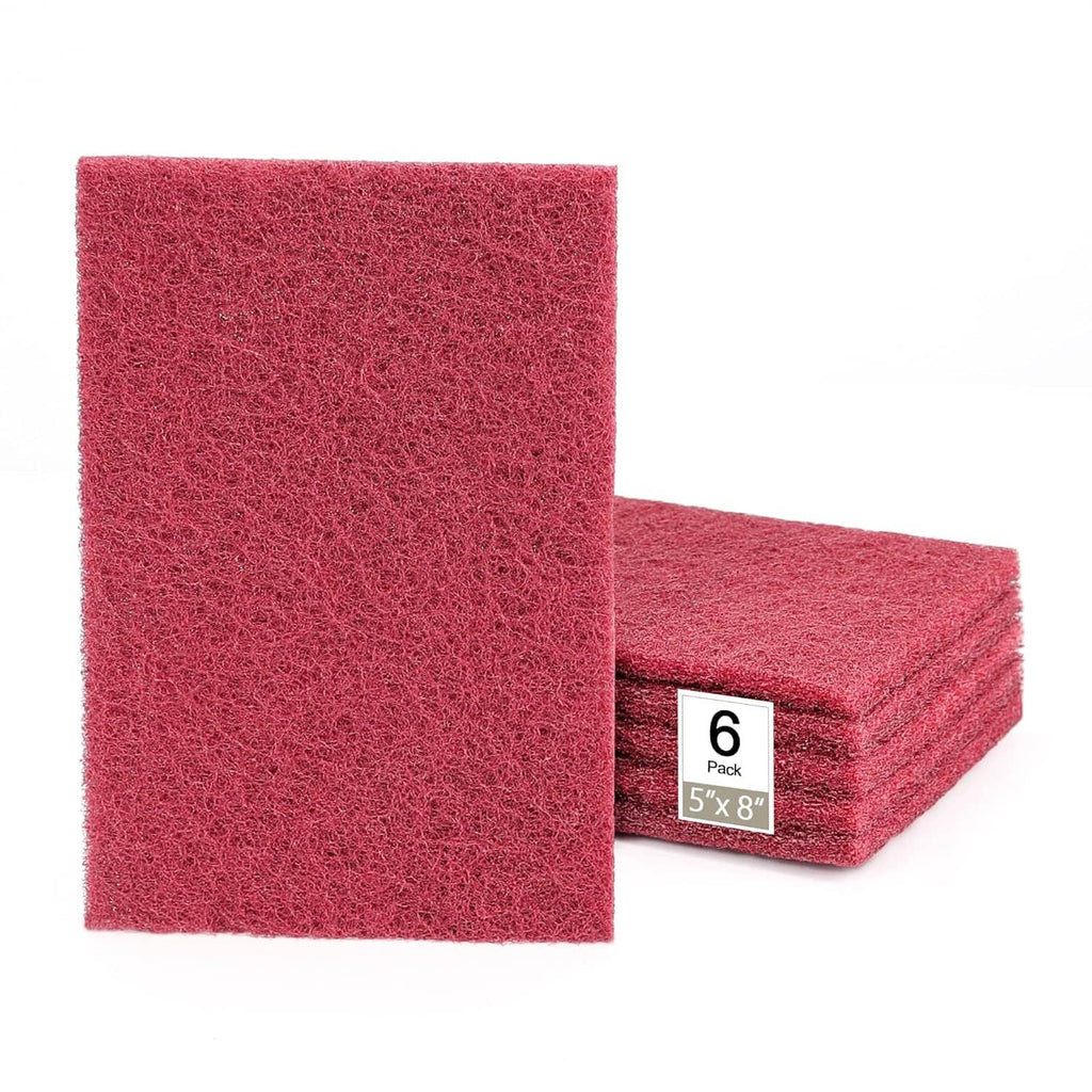 Maroon abrasive scuff pads stack, 5 x 8 in, 6-pack label visible