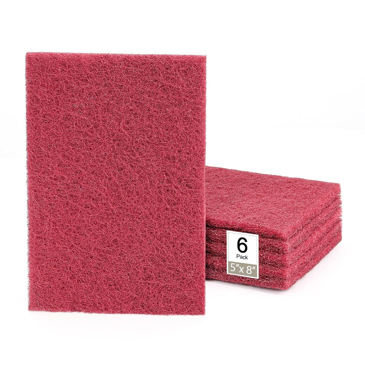 Maroon abrasive scuff pads stack, 5 x 8 in, 6-pack label visible