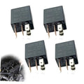 Set of four black 5-pin 12V automotive relays with metal terminals and mounting base