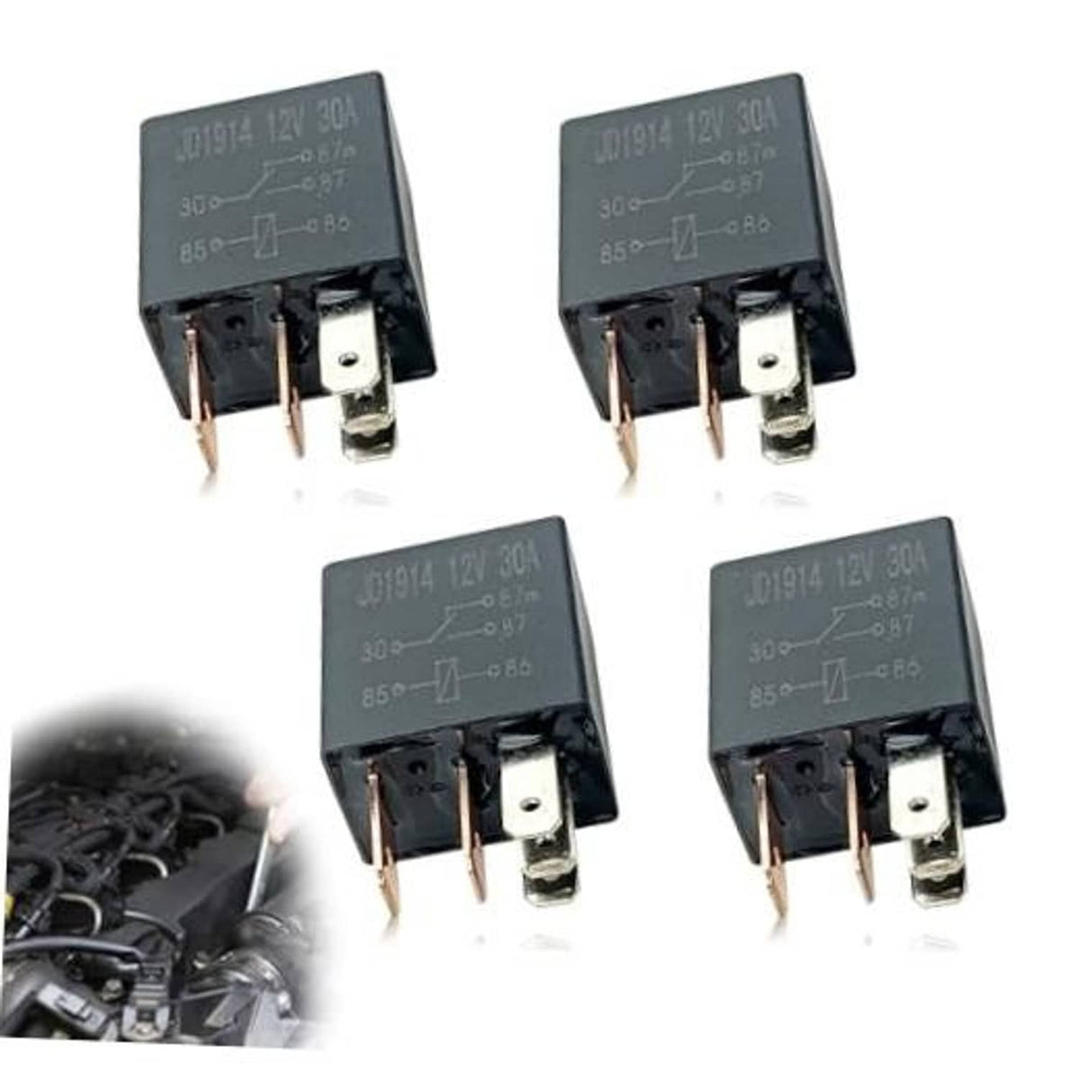 Set of four black 5-pin 12V automotive relays with metal terminals and mounting base