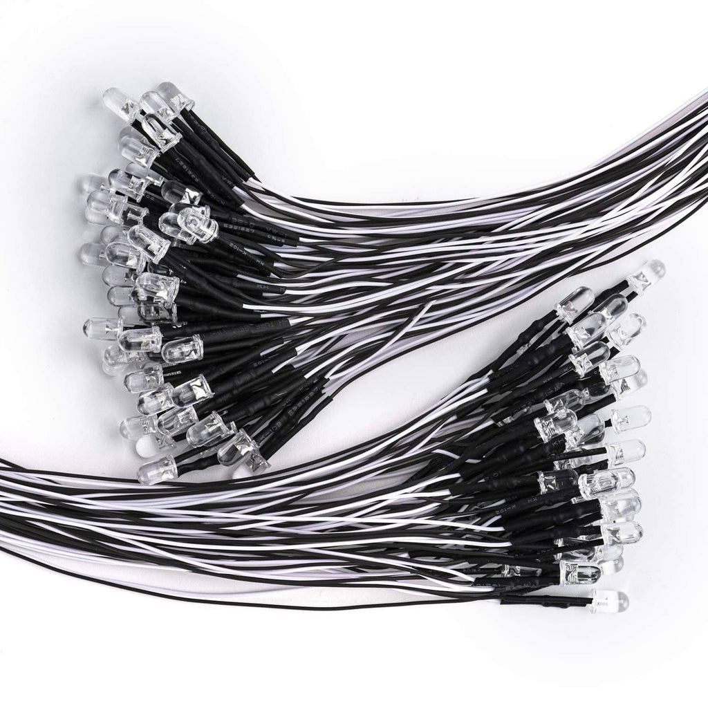 Pre-wired 5mm daylight white LED diodes, clear bulbs on black wire leads (bundle)