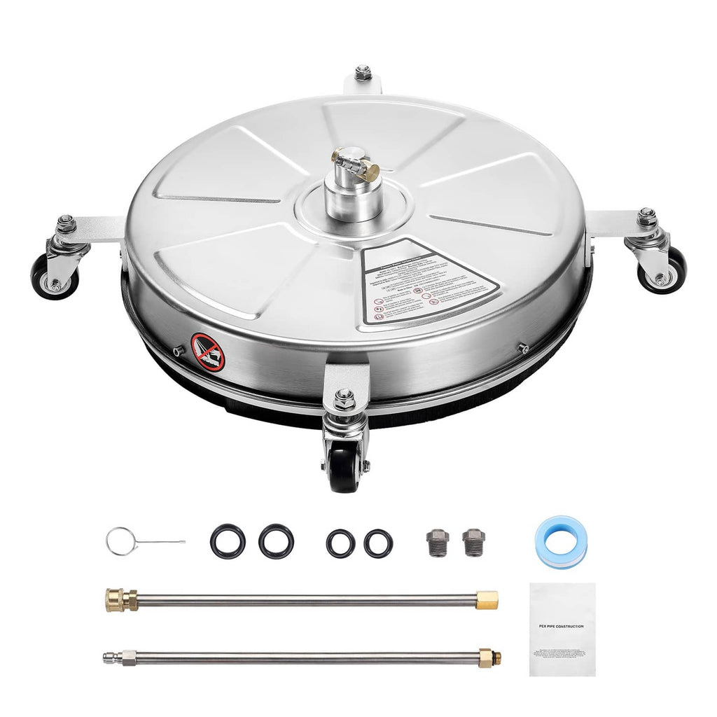 Stainless steel pressure washer surface cleaner with round cleaning disc and 4 wheels