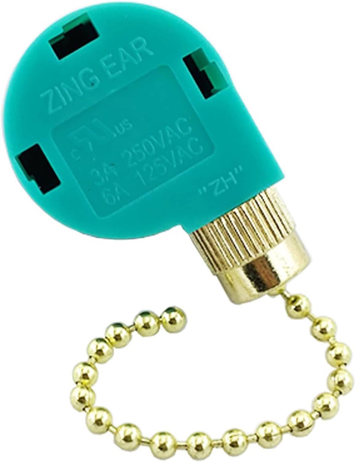 Teal ceiling fan pull chain switch with brass socket terminals and gold beaded chain