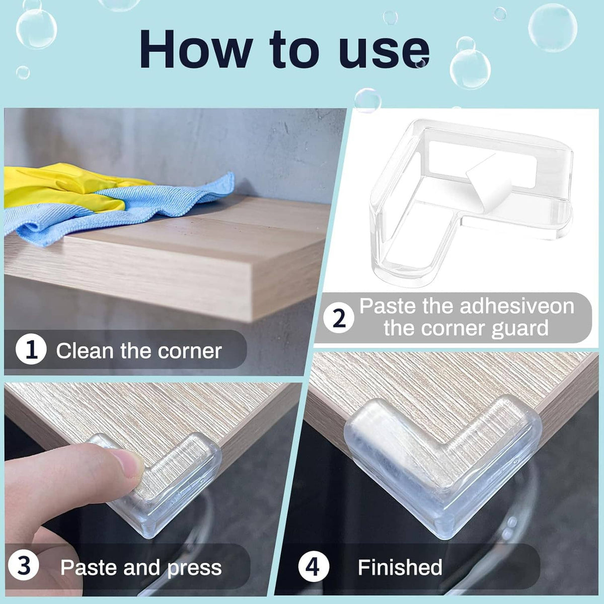 Transparent corner guard with adhesive backing for furniture corner protection