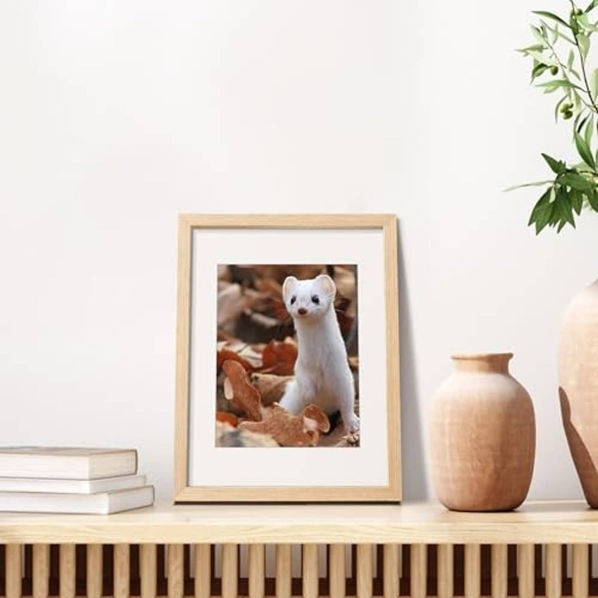 Natural wood picture frame with white mat holding a photo of a white cat